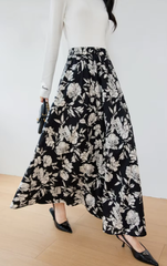 A-Line Floral Printed Waist Style Elegant And Vintage Midi Skirts Mssza