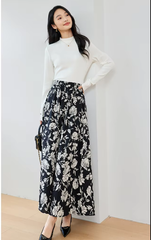 A-Line Floral Printed Waist Style Elegant And Vintage Midi Skirts Mssza