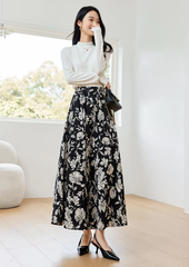 A-Line Floral Printed Waist Style Elegant And Vintage Midi Skirts Mssza