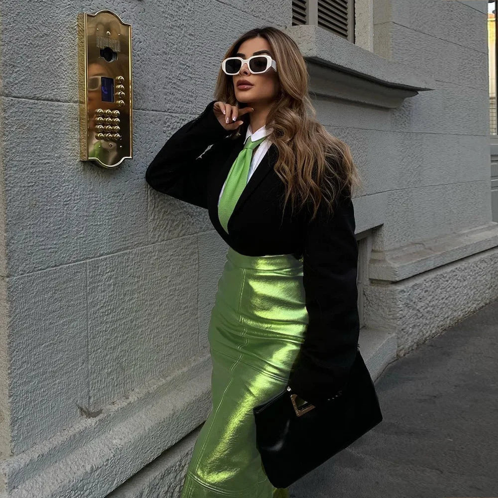 A Line High Waist Leather Hip Slit Elegant And Vintage Midi Skirts Mssza