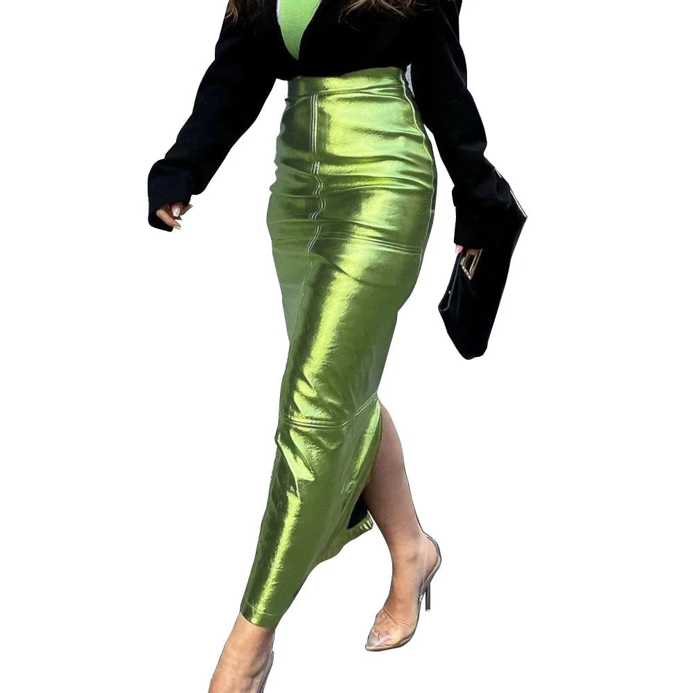 A Line High Waist Leather Hip Slit Elegant And Vintage Midi Skirts Mssza