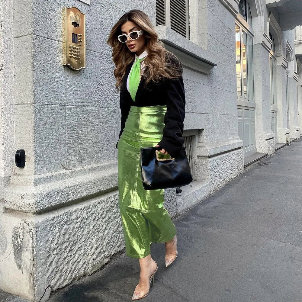 A Line High Waist Leather Hip Slit Elegant And Vintage Midi Skirts Mssza