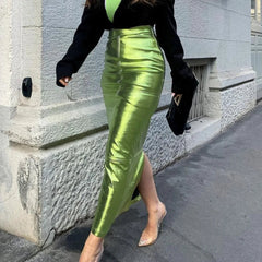 A Line High Waist Leather Hip Slit Elegant And Vintage Midi Skirts Mssza