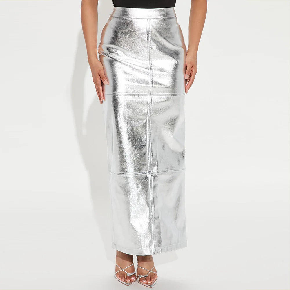 A Line High Waist Leather Hip Slit Elegant And Vintage Midi Skirts Mssza