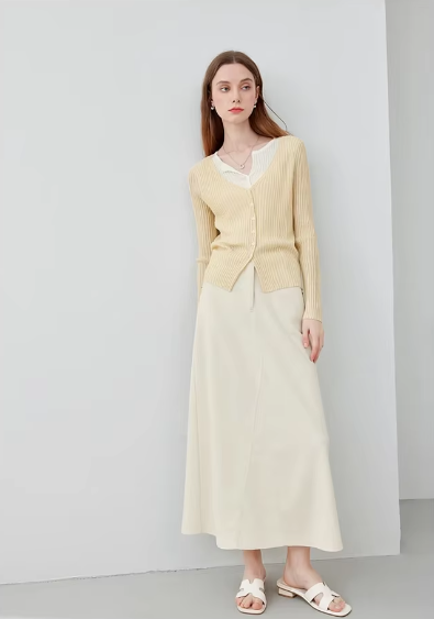 A-Line Loose Solid Style High Waist Elegant And Vintage Maxi Skirts Mssza