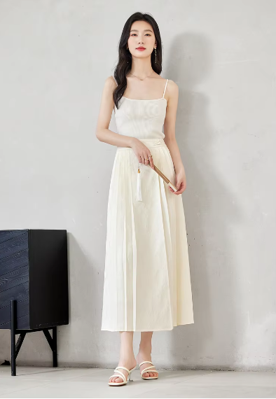A-Line Pleated Elastic Waist Satin Improved Elegant And Vintage Midi Skirts Mssza