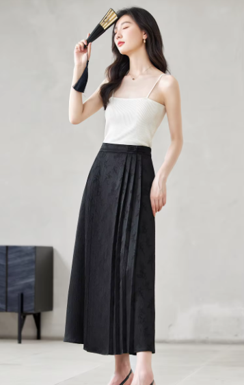 A-Line Pleated Elastic Waist Satin Improved Elegant And Vintage Midi Skirts Mssza