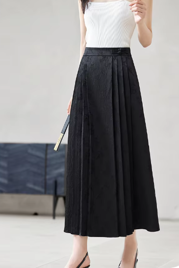 A-Line Pleated Elastic Waist Satin Improved Elegant And Vintage Midi Skirts Mssza