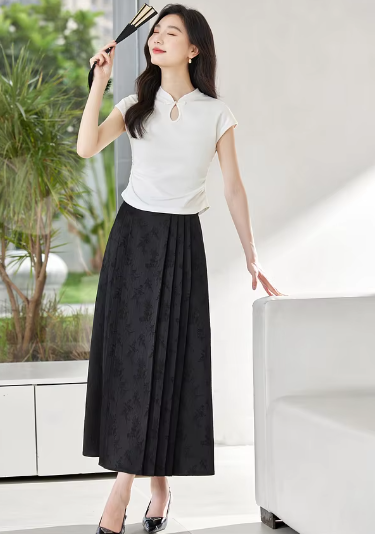 A-Line Pleated Elastic Waist Satin Improved Elegant And Vintage Midi Skirts Mssza