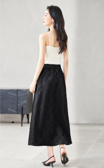 A-Line Pleated Elastic Waist Satin Improved Elegant And Vintage Midi Skirts Mssza