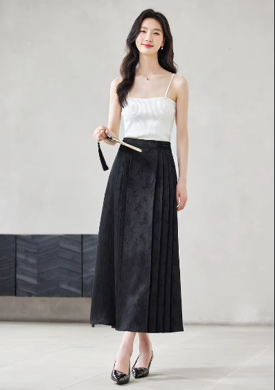 A-Line Pleated Elastic Waist Satin Improved Elegant And Vintage Midi Skirts Mssza