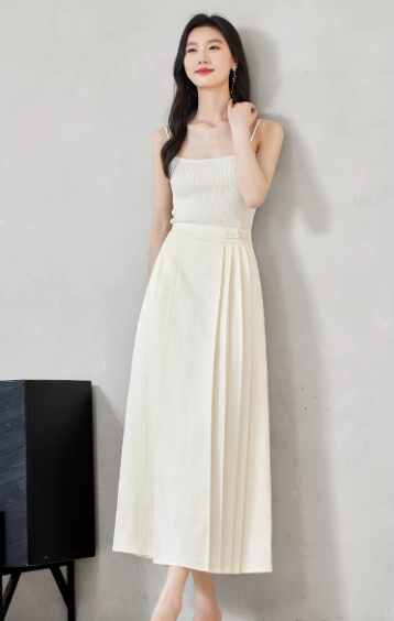 A-Line Pleated Elastic Waist Satin Improved Elegant And Vintage Midi Skirts Mssza
