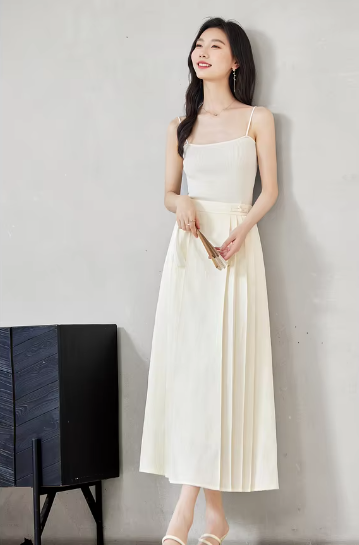 A-Line Pleated Elastic Waist Satin Improved Elegant And Vintage Midi Skirts Mssza