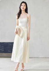 A-Line Pleated Elastic Waist Satin Improved Elegant And Vintage Midi Skirts Mssza