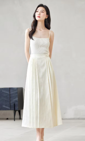 A-Line Pleated Elastic Waist Satin Improved Elegant And Vintage Midi Skirts Mssza
