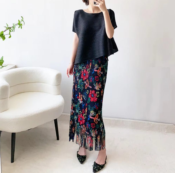 A-Line Pleated Retro Floral Long And Midi-Ancient Tassel Elegant Skirts Mssza
