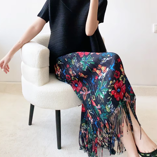 A-Line Pleated Retro Floral Long And Midi-Ancient Tassel Elegant Skirts Mssza