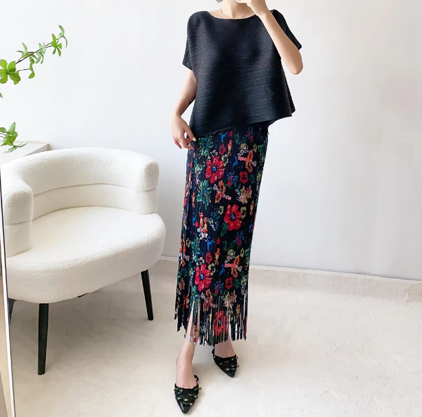 A-Line Pleated Retro Floral Long And Midi-Ancient Tassel Elegant Skirts Mssza