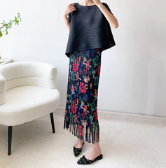 A-Line Pleated Retro Floral Long And Midi-Ancient Tassel Elegant Skirts Mssza