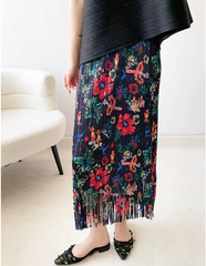 A-Line Pleated Retro Floral Long And Midi-Ancient Tassel Elegant Skirts Mssza