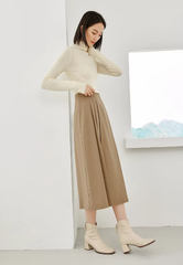A-Line Pleated Side Solid Elastic Waist Vintage And Beautiful Office Skirts Mssza