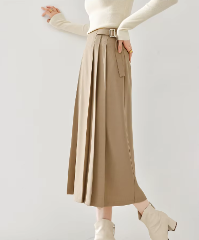 A-Line Pleated Side Solid Elastic Waist Vintage And Beautiful Office Skirts Mssza