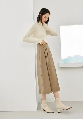 A-Line Pleated Side Solid Elastic Waist Vintage And Beautiful Office Skirts Mssza