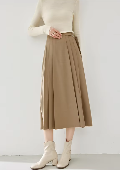 A-Line Pleated Side Solid Elastic Waist Vintage And Beautiful Office Skirts Mssza