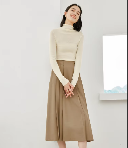 A-Line Pleated Side Solid Elastic Waist Vintage And Beautiful Office Skirts Mssza