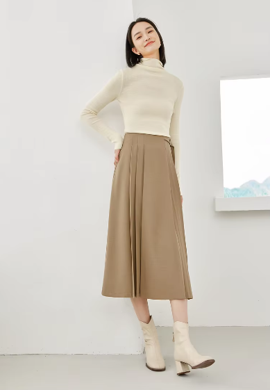 A-Line Pleated Side Solid Elastic Waist Vintage And Beautiful Office Skirts Mssza
