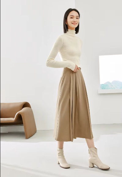 A-Line Pleated Side Solid Elastic Waist Vintage And Beautiful Office Skirts Mssza