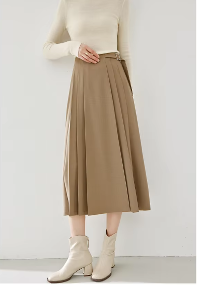 A-Line Pleated Side Solid Elastic Waist Vintage And Beautiful Office Skirts Mssza