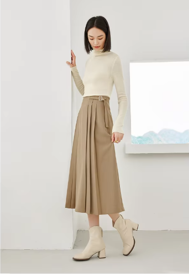 A-Line Pleated Side Solid Elastic Waist Vintage And Beautiful Office Skirts Mssza