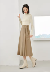 A-Line Pleated Side Solid Elastic Waist Vintage And Beautiful Office Skirts Mssza