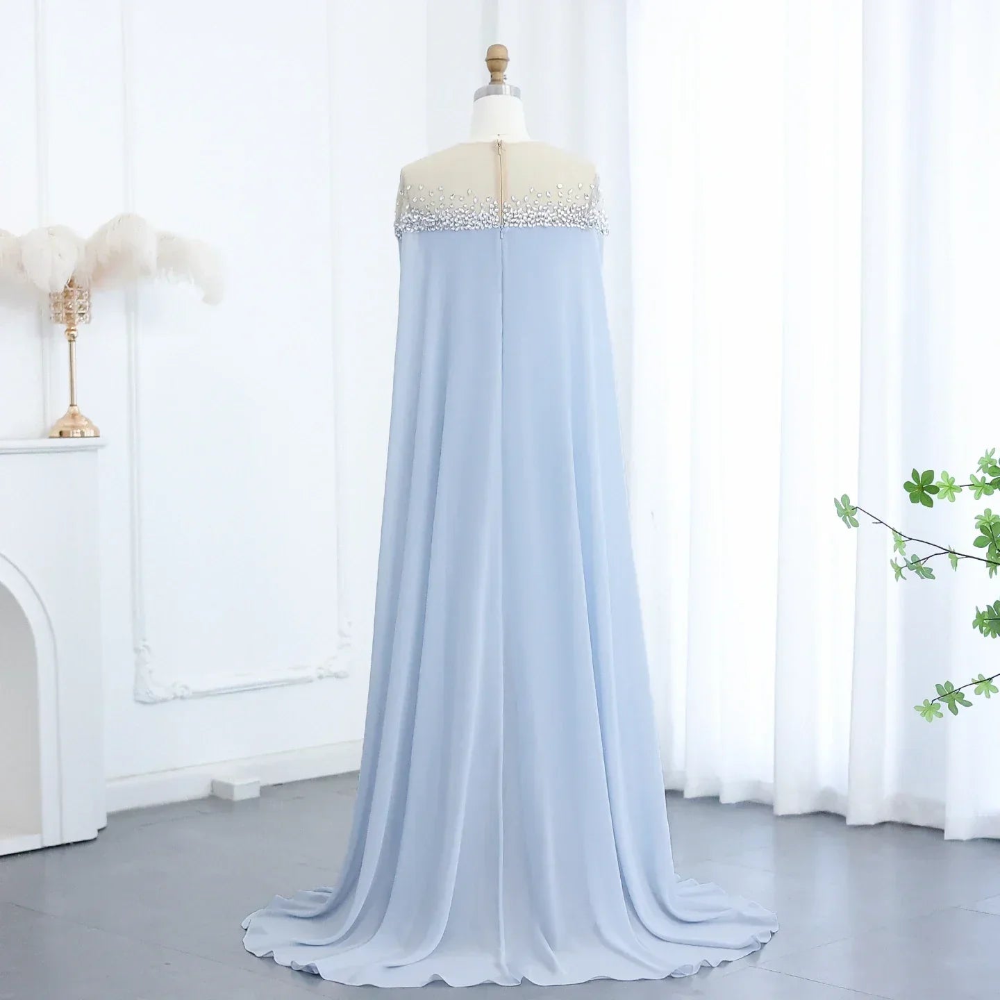 Crystal Baby Blue Evening Dress with Cape| Kaftan Gowns| Customized Mssaz Desses