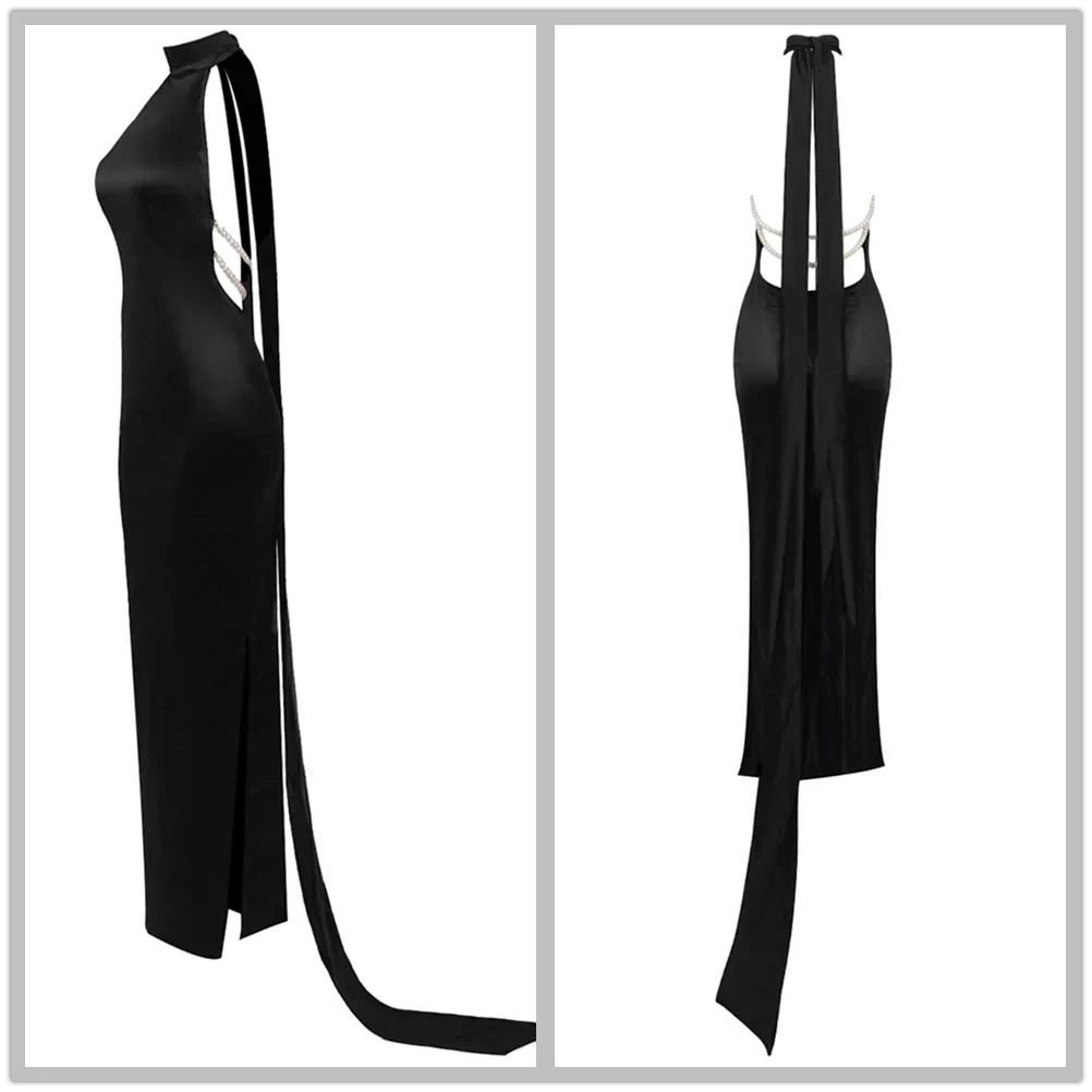High Neck Satin Bareback Sleeveless Long Dress Mssaz Desses