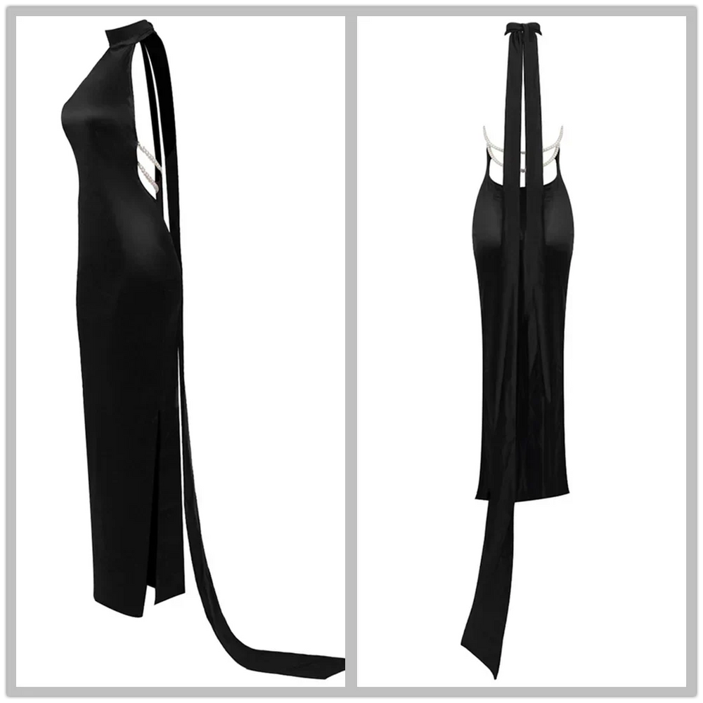 High Neck Satin Bareback Sleeveless Long Dress Mssaz Desses