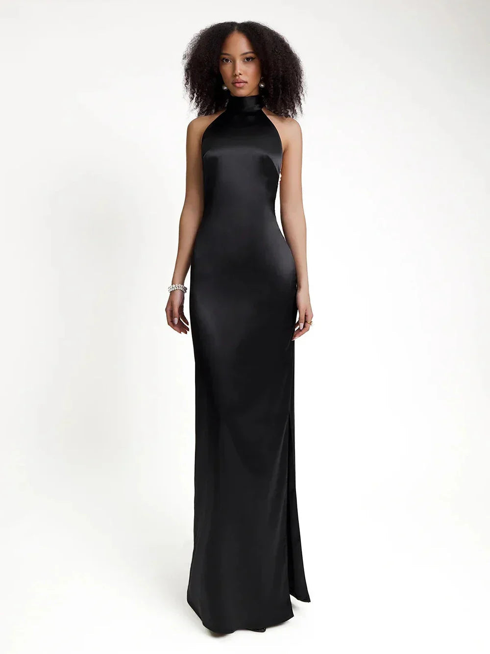 High Neck Satin Bareback Sleeveless Long Dress Mssaz Desses