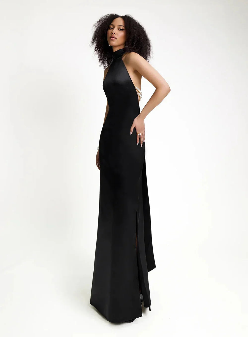 High Neck Satin Bareback Sleeveless Long Dress Mssaz Desses