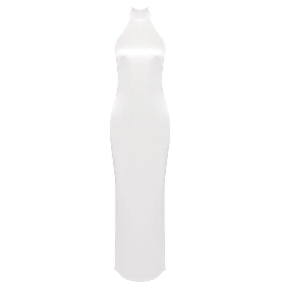 High Neck Satin Bareback Sleeveless Long Dress Mssaz Desses
