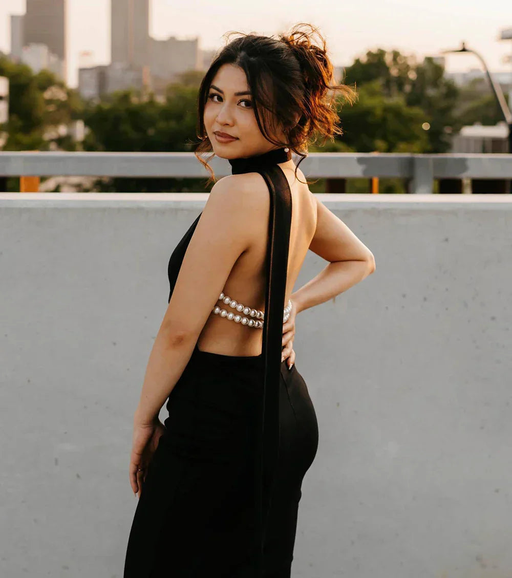 High Neck Satin Bareback Sleeveless Long Dress Mssaz Desses