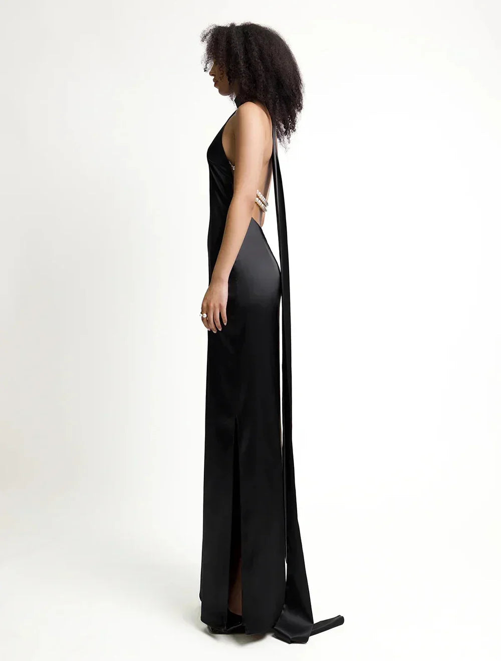 High Neck Satin Bareback Sleeveless Long Dress Mssaz Desses