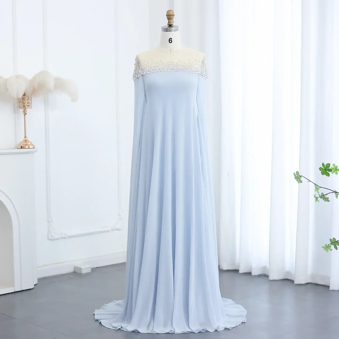 Crystal Baby Blue Evening Dress with Cape| Kaftan Gowns| Customized Mssaz Desses