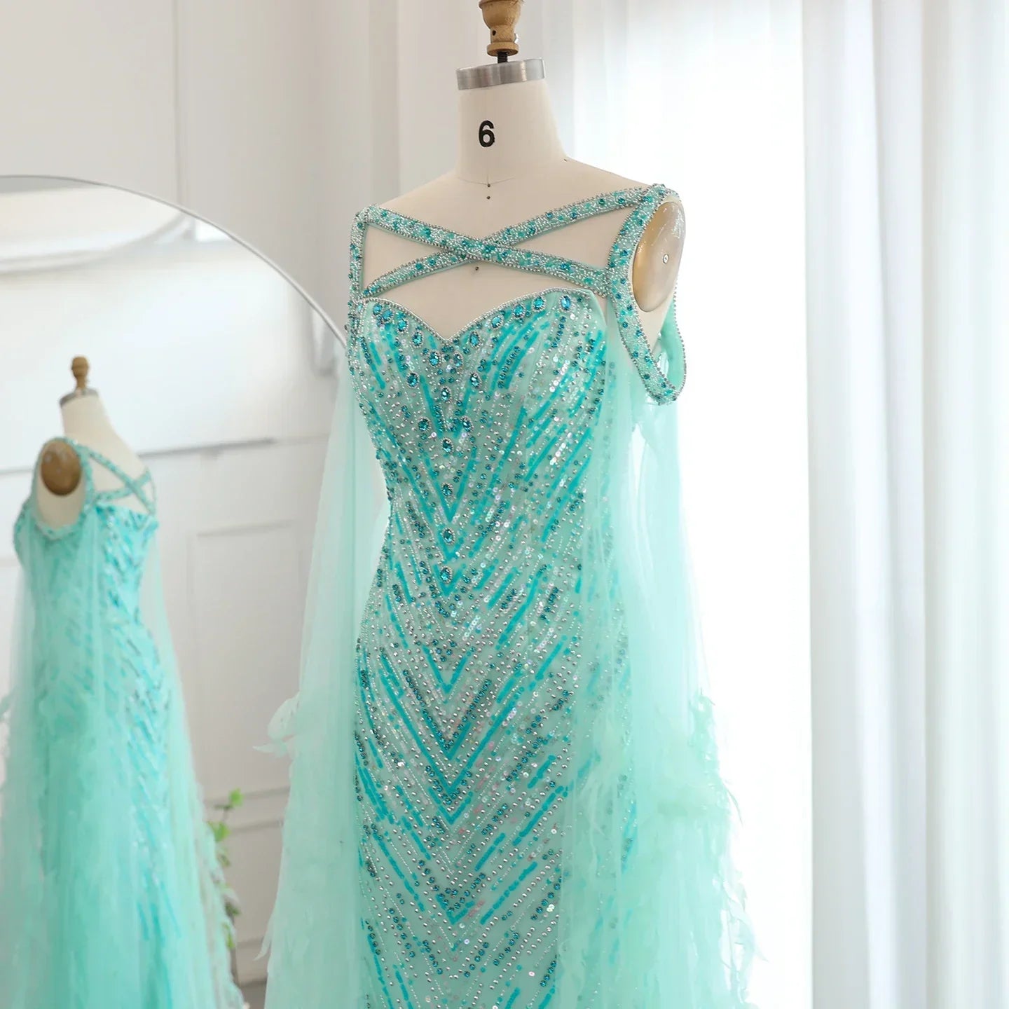 Turquoise Mermaid Evening Gown with Cape Sleeves Mssaz Desses