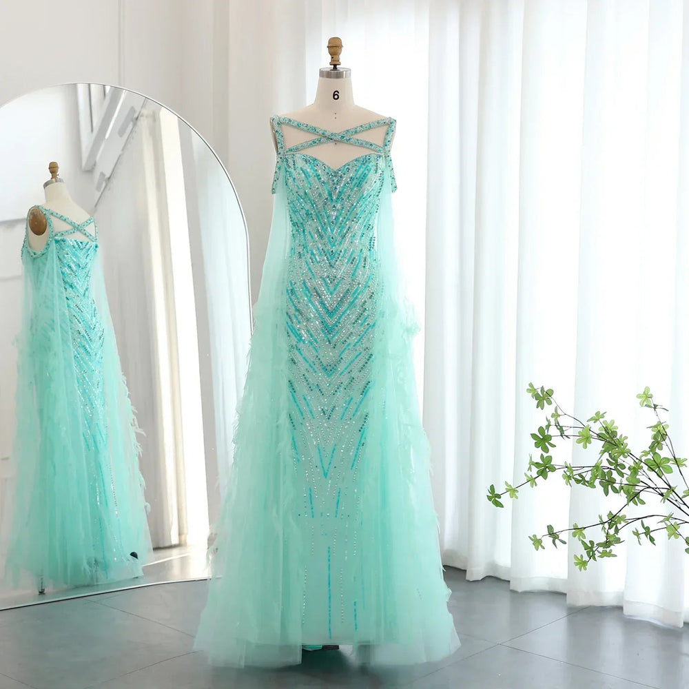 Turquoise Mermaid Evening Gown with Cape Sleeves Mssaz Desses
