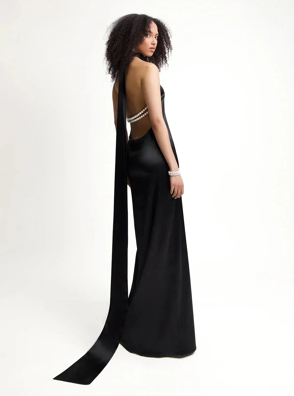 High Neck Satin Bareback Sleeveless Long Dress Mssaz Desses