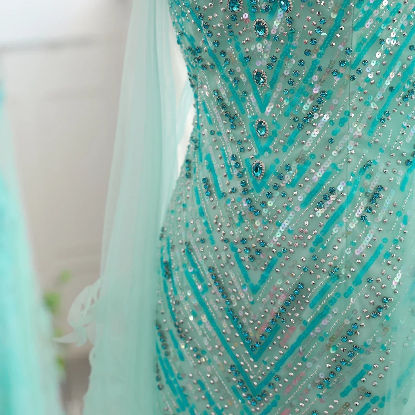 Turquoise Mermaid Evening Gown with Cape Sleeves Mssaz Desses