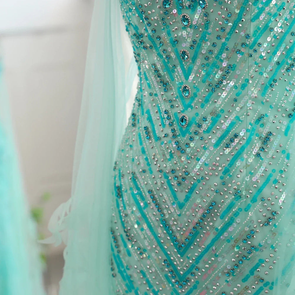 Turquoise Mermaid Evening Gown with Cape Sleeves Mssaz Desses