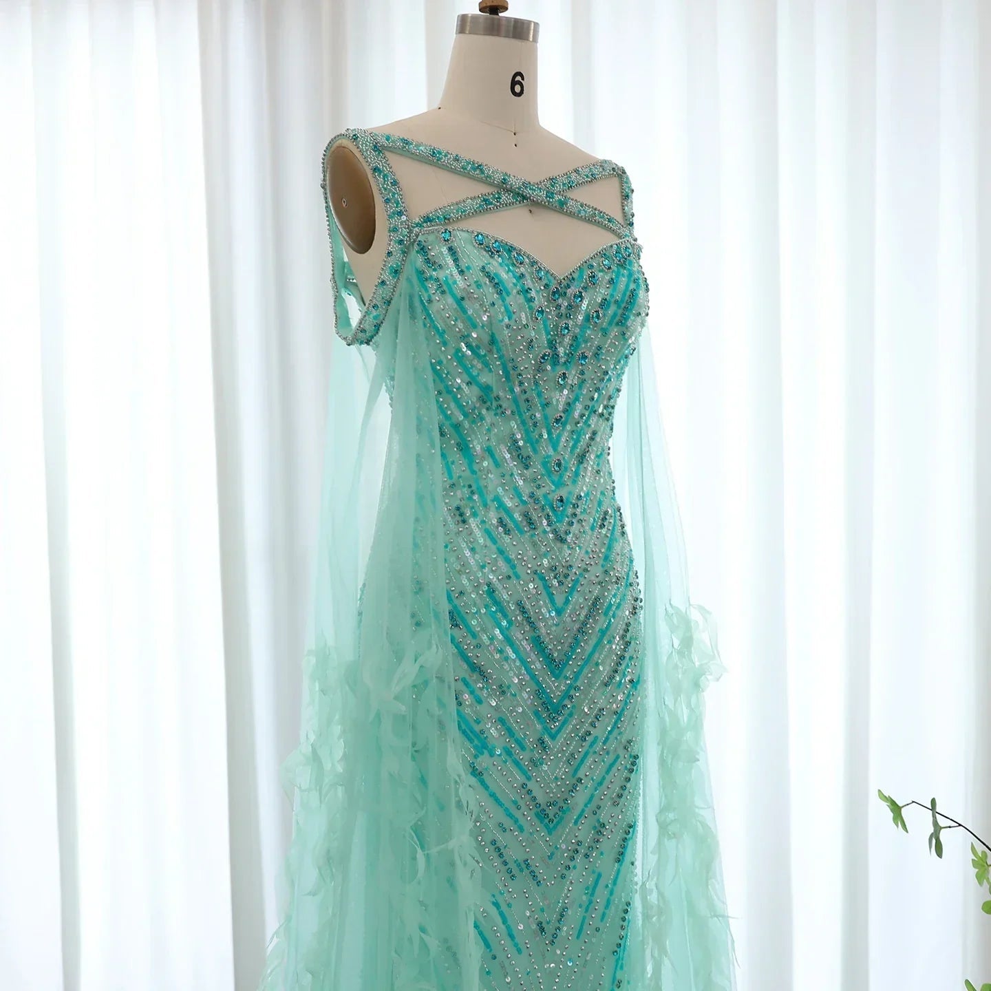 Turquoise Mermaid Evening Gown with Cape Sleeves Mssaz Desses