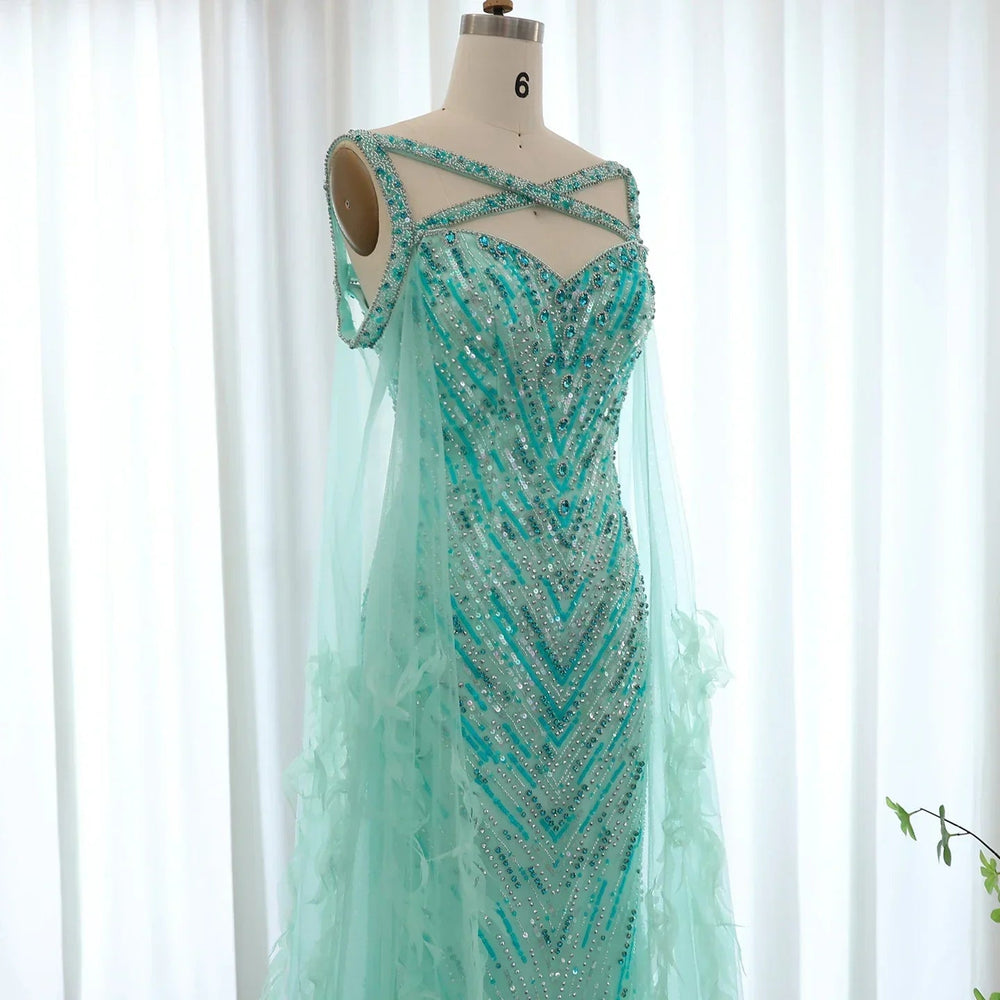 Turquoise Mermaid Evening Gown with Cape Sleeves Mssaz Desses